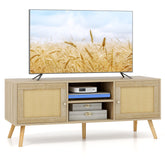 PE Rattan Media Console Table with 2 Cabinets and Open Shelves for Living Room
