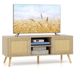 PE Rattan Media Console Table with 2 Cabinets and Open Shelves for Living Room