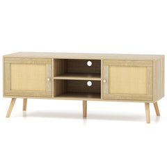 PE Rattan Media Console Table with 2 Cabinets and Open Shelves for Living Room