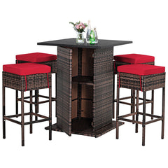 5 Pieces Patio Rattan Bar Furniture Set with Cushions and Hidden Storage Shelf