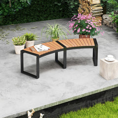 Patio Curved Bench with Slatted Seat and Metal Legs