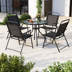6 Pieces Patio Dining Set Folding Chairs Glass Table Tilt Umbrella for Garden