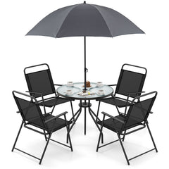6 Pieces Patio Dining Set Folding Chairs Glass Table Tilt Umbrella for Garden