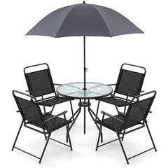 6 Pieces Patio Dining Set Folding Chairs Glass Table Tilt Umbrella for Garden
