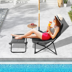 Patio Folding Sling Chair with Ottoman Footrest and Removable Cushion