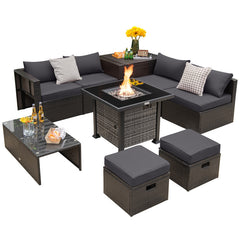 Outdoor 9 Pieces Patio Furniture Set with 50,000 BTU Propane Fire Pit Table