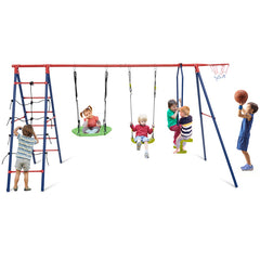 550 LBS 6-in-1 Patio Kids Swing Set with Climbing Net and Ladder
