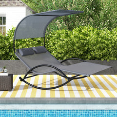 Outdoor Dual Rocker Sunbed 2-Person Canopied Patio Lounger with Detachable Headrests