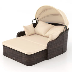 Patio PE Rattan Daybed with Retractable Canopy and Soft Cushions