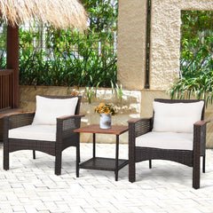 3 Pieces Patio Rattan Furniture Set with Acacia Wood Tabletop