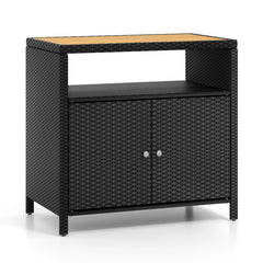 Rattan Storage Cabinet with Acacia Wood Countertop for Poolside Deck and Patio