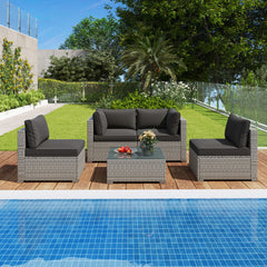 5-Piece Outdoor Patio Sectional Sofa Couch and Glass Coffee Table with Cushions