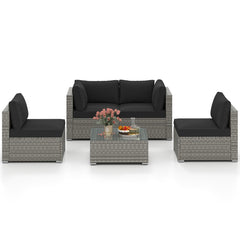 5-Piece Outdoor Patio Sectional Sofa Couch and Glass Coffee Table with Cushions