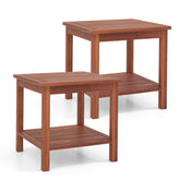 Set of 2 Double-Tier Acacia Wood Patio Side Table with Slatted Tabletop and Shelf