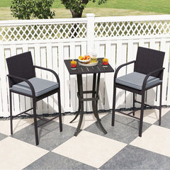 3-Piece Patio Wicker Rattan Bar Height Chairs and Square Table Set