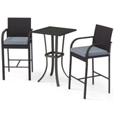 3-Piece Patio Wicker Rattan Bar Height Chairs and Square Table Set