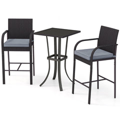 3-Piece Patio Wicker Rattan Bar Height Chairs and Square Table Set