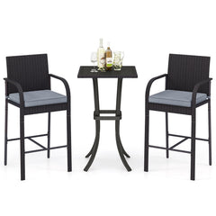 3-Piece Patio Wicker Rattan Bar Height Chairs and Square Table Set