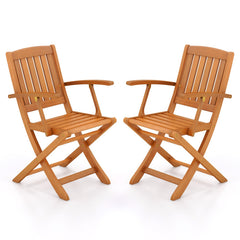 Patio Wood Folding Chair Set of 2 with Armrests and Slatted Seat