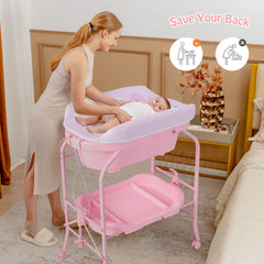 Folding Baby Changing Table with Bathtub and 4 Universal Wheels In Pink