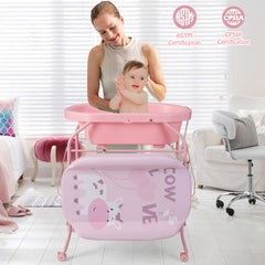 Folding Baby Changing Table with Bathtub and 4 Universal Wheels In Pink