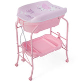 Folding Baby Changing Table with Bathtub and 4 Universal Wheels In Pink