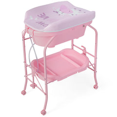 Folding Baby Changing Table with Bathtub and 4 Universal Wheels In Pink