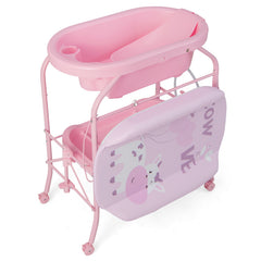Folding Baby Changing Table with Bathtub and 4 Universal Wheels In Pink