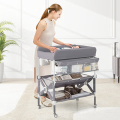 Portable Baby Changing Table with Wheels and Large Storage Rack In Gray