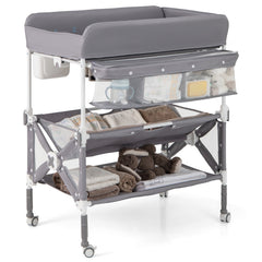 Portable Baby Changing Table with Wheels and Large Storage Rack In Gray