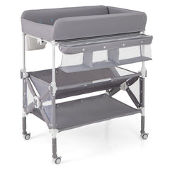Portable Baby Changing Table with Wheels and Large Storage Rack In Gray