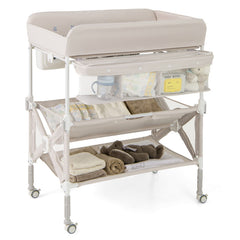 Portable Baby Changing Table with Wheels and Large Storage Rack In Natural