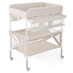 Portable Baby Changing Table with Wheels and Large Storage Rack In Natural