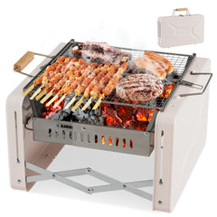 Folding Charcoal BBQ Grill with Dishwasher-safe Grill Grids and Charcoal Box