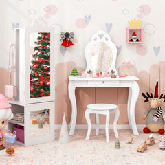 Princess Vanity Table and Stool Set Freestanding Jewelry Cabinet Armoire with Full-Length Mirror