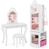 Princess Vanity Table and Stool Set Freestanding Jewelry Cabinet Armoire with Full-Length Mirror