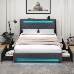 Queen Size Upholstered Platform Bed Frame with LED Lights and Charging Station