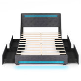 Queen Size Upholstered Platform Bed Frame with LED Lights and Charging Station