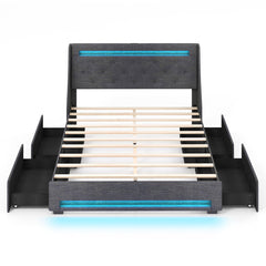 Queen Size Upholstered Platform Bed Frame with LED Lights and Charging Station