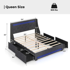Queen Size Upholstered Platform Bed Frame with LED Lights and Charging Station