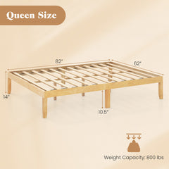 Queen Size Wood Bed Frame with Wooden Slats Support and Rubber Wood Legs