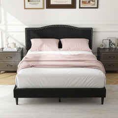 Queen Size Upholstered Bed Frame with Nailhead Trim Headboard