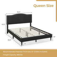 Queen Size Upholstered Bed Frame with Nailhead Trim Headboard