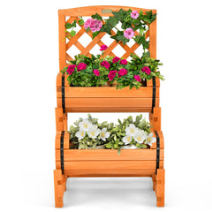 Wooden 2-Tier Raised Garden Bed with 2 Cylindrical Planter Boxes and Trellis