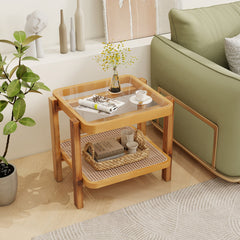 Rattan 2-Tier End Side Table with Tempered Glass Top Acacia Wood Legs