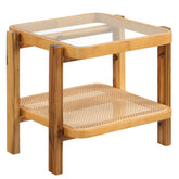 Rattan 2-Tier End Side Table with Tempered Glass Top Acacia Wood Legs