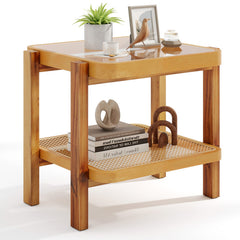 Rattan 2-Tier End Side Table with Tempered Glass Top Acacia Wood Legs