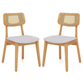 Rattan Dining Chair Set of 2 with Can Back and Rubber Wood Frame