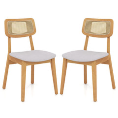 Rattan Dining Chair Set of 2 with Can Back and Rubber Wood Frame