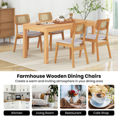 Rattan Dining Chair Set of 2 with Can Back and Rubber Wood Frame